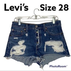 Levi’s 501 Open Button Fly Distressed Frayed Hems Blue Size 28